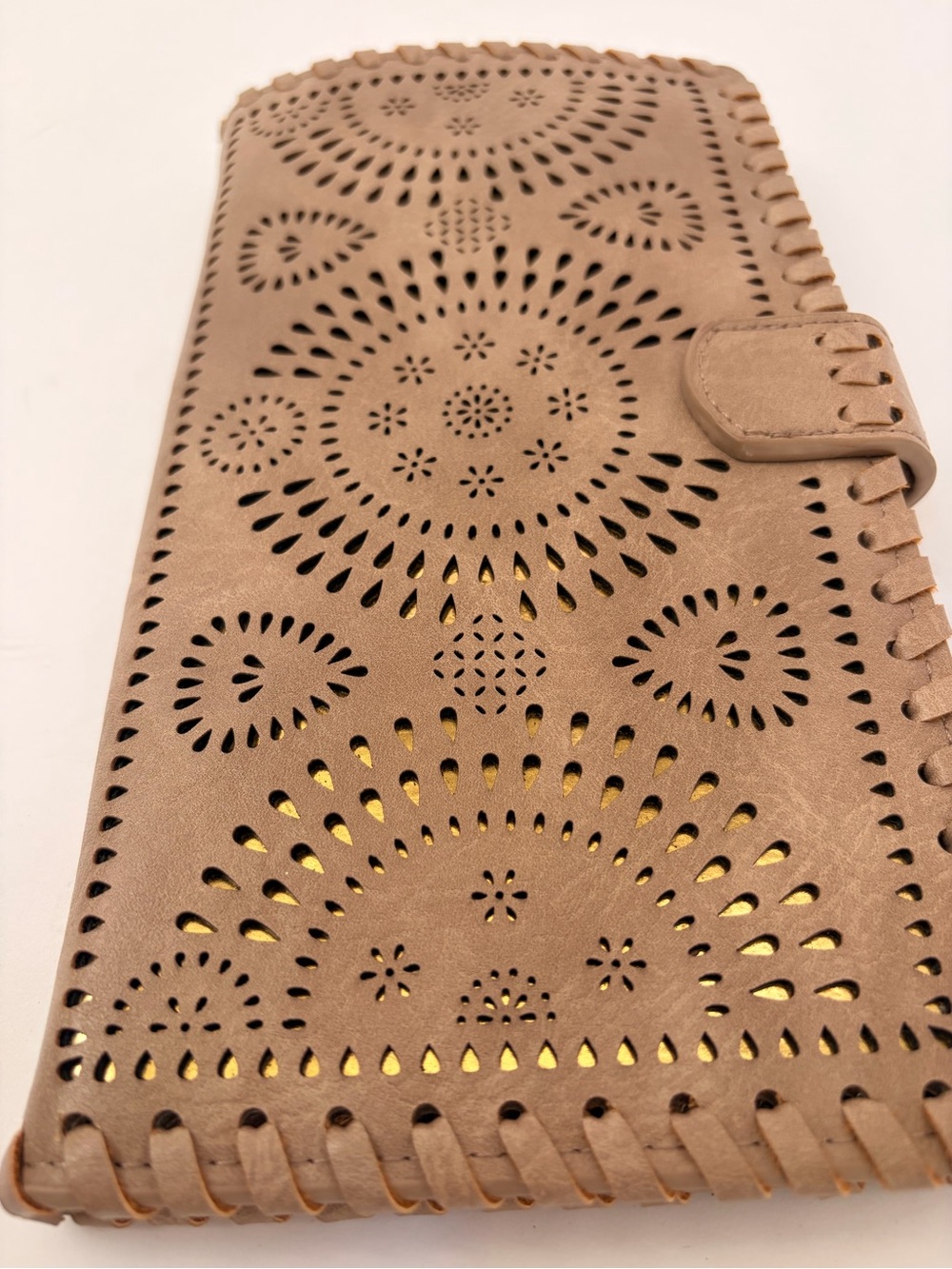 Laser Cut Faux Leather Phone Wallet in Taupe